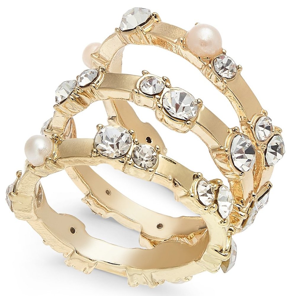 NWT INC Pearl Crystal Triple Stack Rings Sz11